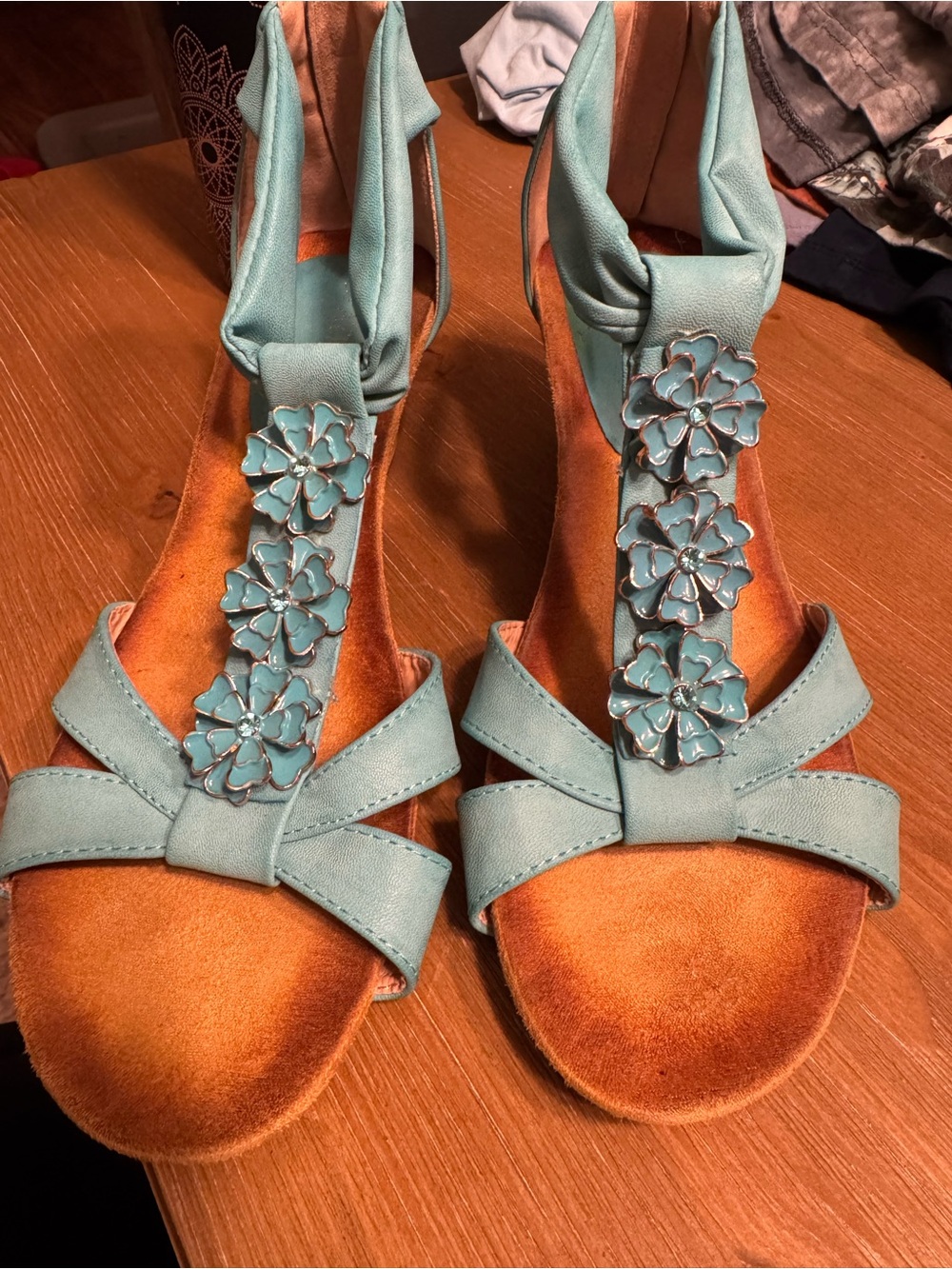 Patrizia Turquoise Floral T-Strap Women's Sandals with Ankle Wrap